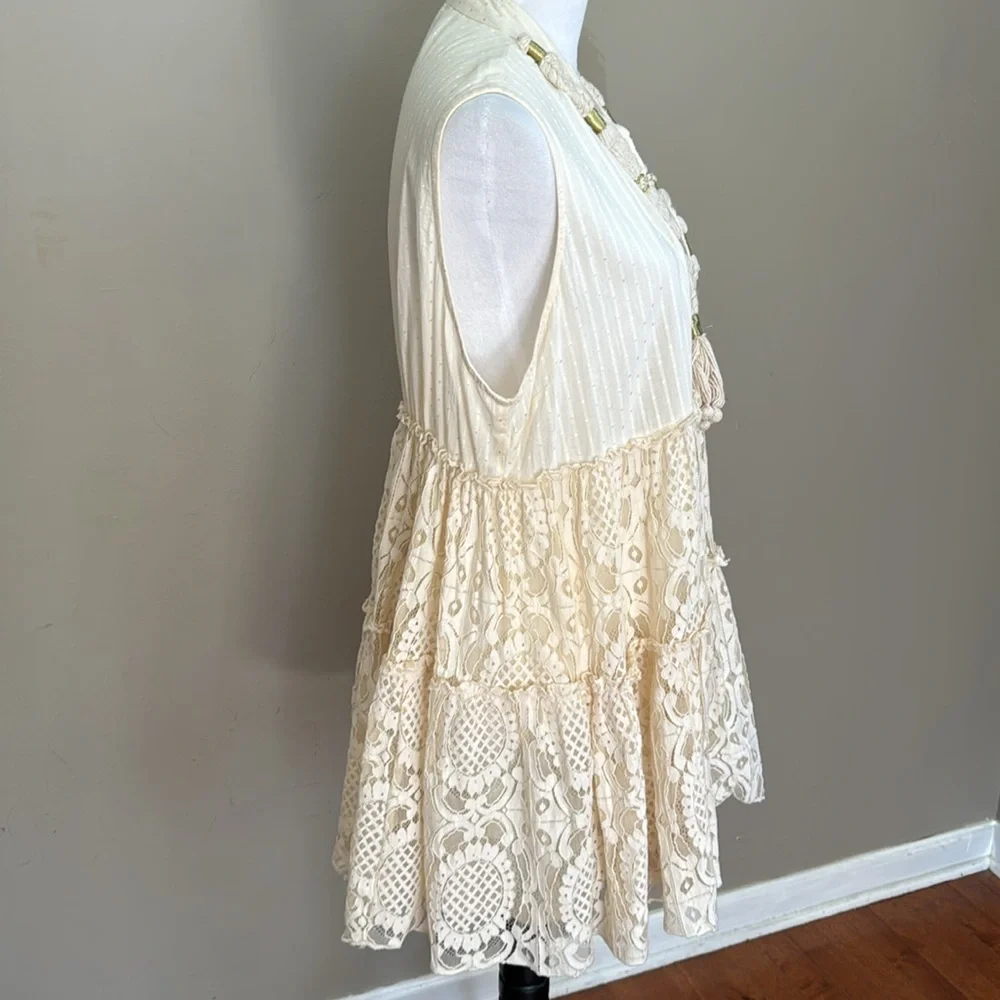 Lola Casademunt Bohemian Sleeveless V-Neck Lace Ivory‎ Cotton Mini Dress Size L